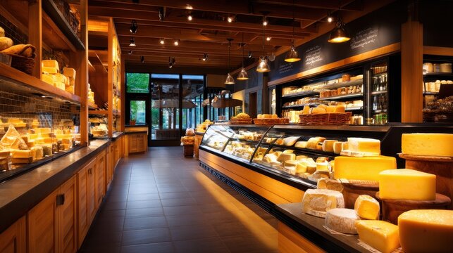 Warm and inviting gourmet cheese shop interior with rows of delicious artisanal cheeses and fresh products