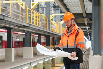 Construction engineer intently examines architectural plans on bustling subway platform during...