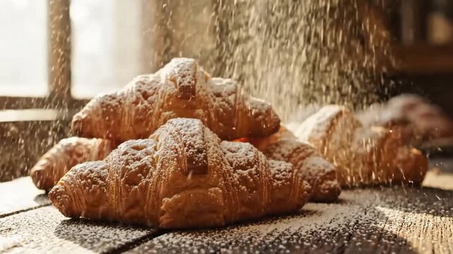 A close-up shot captures a delightful pile of freshly baked croissants dusted with a generous sprinkle of powdered sugar, evoking a sense of warmth and indulgence