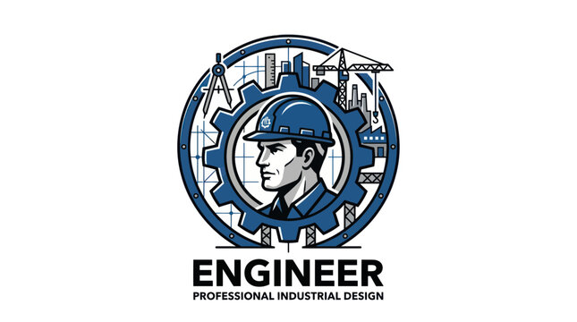 Engineer Portrait Inside Gear with Industrial Cityscape and Crane