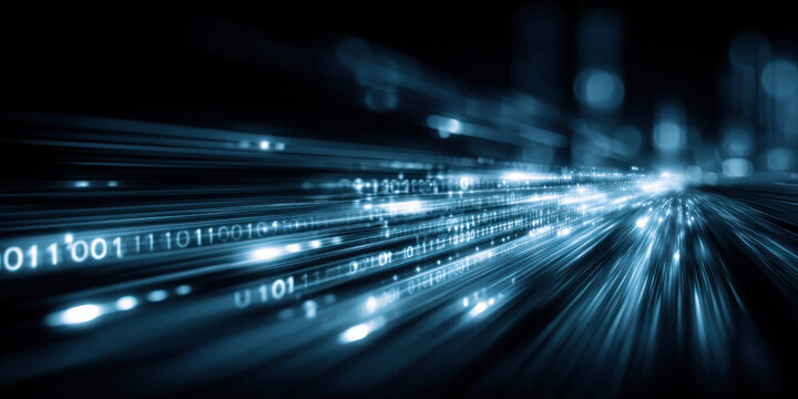 A visualization of high-speed binary data streams flowing through digital networks, representing modern information technology and data transmission.