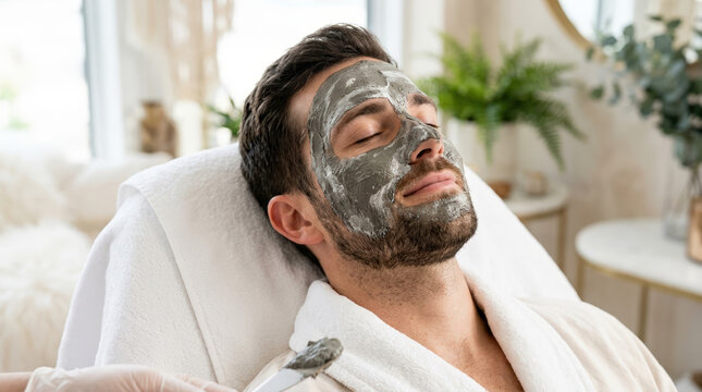 Man receiving a grey mud mask facial treatment at a spa. Male skincare and wellness concept. Relaxed man with closed eyes getting clay face mask applied