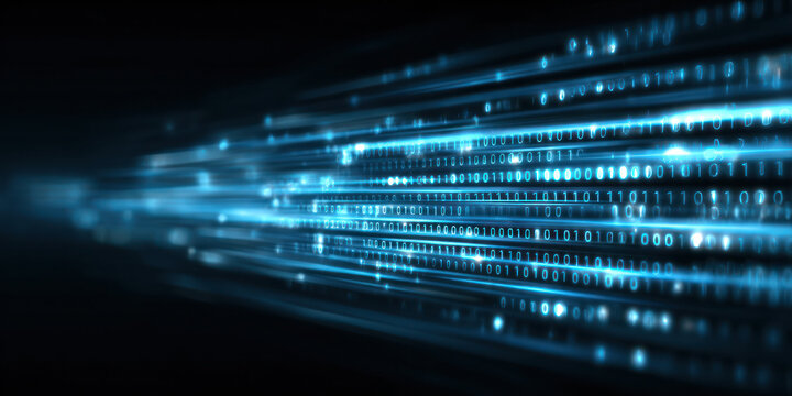 Glowing blue binary data streams flow rapidly in a dark digital space, representing fast digital information transfer.
