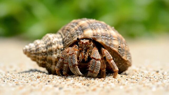Close-up of a Hermit Crab in a Detailed Shell Resting on Sand with Soft Green Natural Background