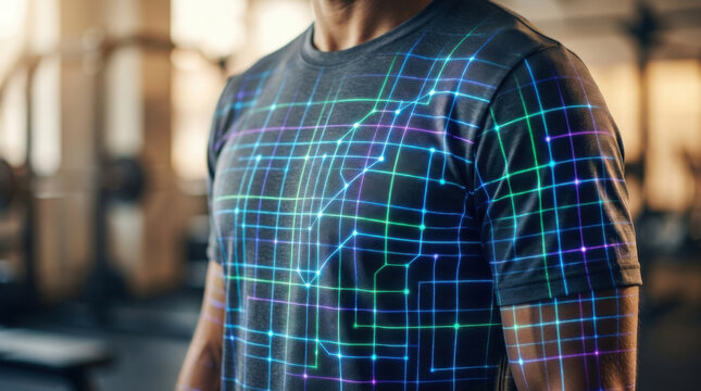 Smart fabric, digital fabric, glowing grid, neon line, smart textile, futuristic shirt