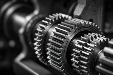 Fototapeta premium Close-up of interlocking metal gears, key mechanical components used in industrial machinery for power transmission.