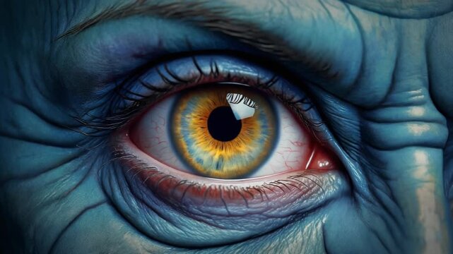 Extreme Close-up of Intense Eye of Blue-skinned Frankenstein Monster, Dramatic Horror and Sci-fi Character Concept, Full HD 1080p Motion Graphics