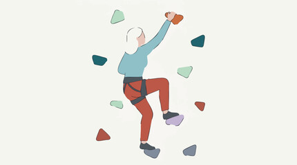 Flat illustration of a woman rock climbing on an indoor bouldering wall © CURVARA