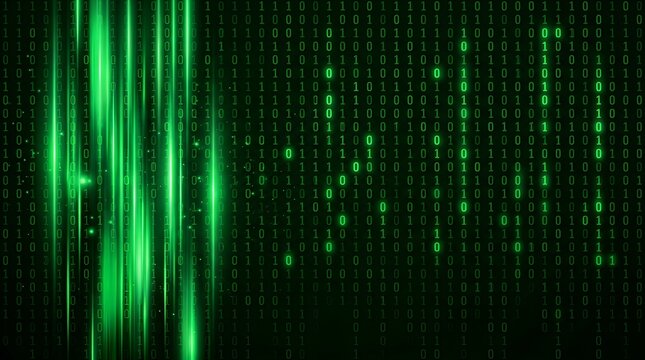 Digital matrix binary code background with glowing green data light streaks.