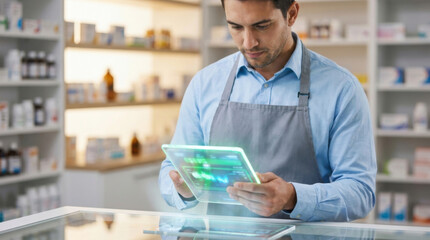 Fototapeta premium Pharmacist using tablet for pharmacy verification in modern drugstore with digital technology