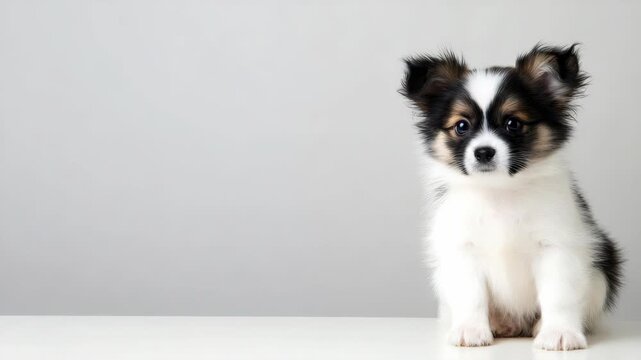 Adorable Papillon puppy sitting on a clean white background, small fluffy dog with black and white markings looking at camera, studio portrait