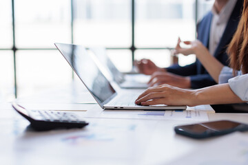 Fototapeta premium Team of Business working at office with documents on his desk, doing planning analyzing the financial report, business plan investment, finance tax analysis concept 
