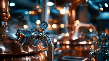 Fototapeta premium Large copper tanks with stainless brewing pipes in a modern food factory with cinematic industrial atmosphere, subtle steam and high-detail machinery, highlighting engineering systems,