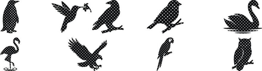 Obraz premium Black bird silhouette icons with halftone texture, 9 bird species vector set, minimalist avian wildlife illustrations for nature branding