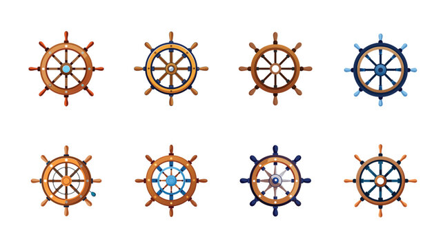 A collection of various ship steering wheels with different designs