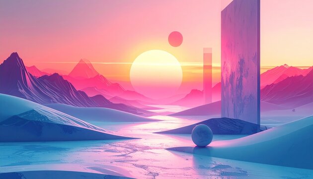 Abstract landscape featuring pastel mountains, a sun, sphere, monolith and a serene stream