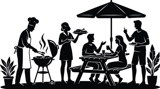 Black silhouette illustration of family barbecue gathering outdoor picnic with food and people on white background