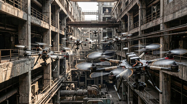 Fleet of Industrial Inspection Drones Flying Through an Old Abandoned Factory Building