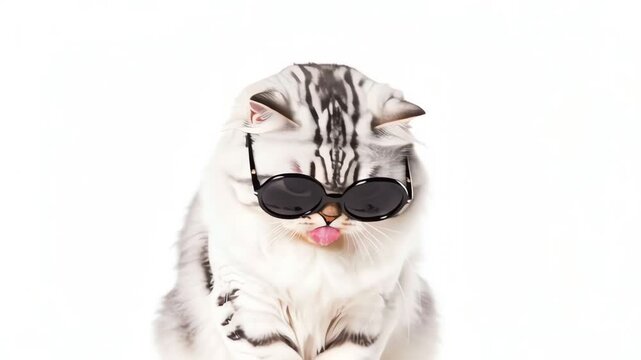 Playful cat wearing sunglasses sticking out tongue on white background