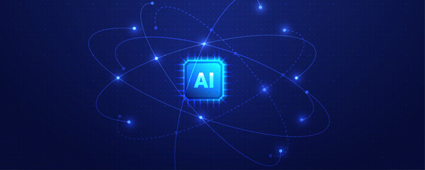Artificial intelligence microchip icon with glowing neural network orbit connections on blue background. © Roshikul