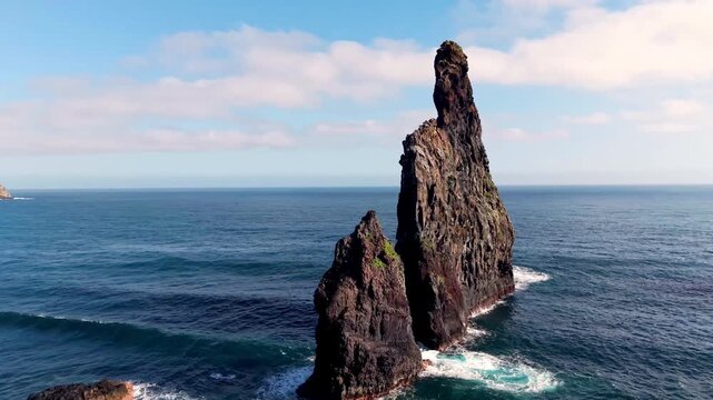 Aerial view of Ilh&eacute;us da Ribeira da Janela, dramatic volcanic sea stacks on the north coast of Madeira Island, Portugal