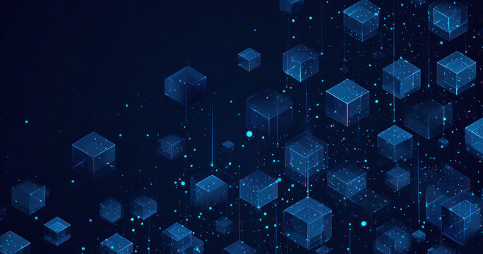 Digital illustration of floating transparent cubes and connected nodes, representing blockchain or data network technology.