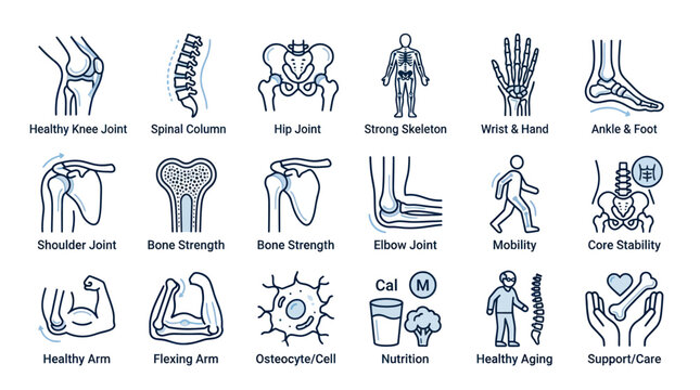 Human Anatomy Icons: Skeleton, Joints, Bones, Muscles, Cells & Nutrition