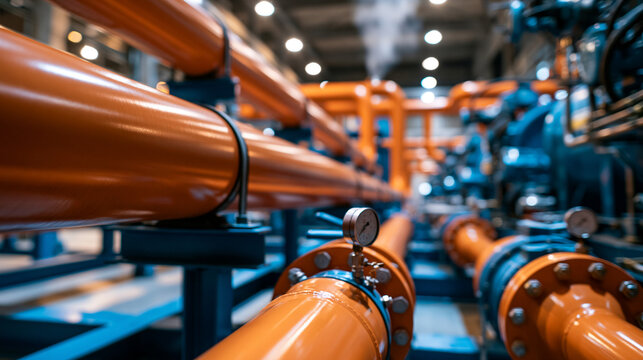 Orange industrial pipes arranged in parallel on blue metal supports with cinematic industrial atmosphere, subtle steam and high-detail machinery, highlighting engineering systems, utility