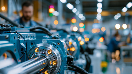 Fototapeta premium Plastic extrusion machines lined up inside a factory workshop captured in documentary stock photography style with clear technical composition, emphasizing mechanical operation, process