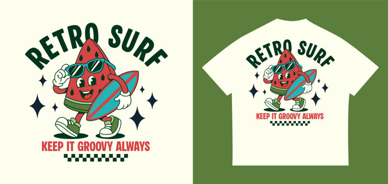 Retro surf watermelon mascot character t shirt design with groovy summer vibes, holding surfboard, cute funky style, vintage typography and beach aesthetic illustration
