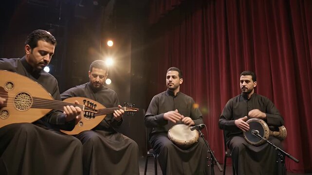 Arabic Musicians Performing Traditional Music on Stage with Copyspace