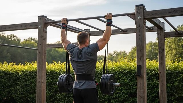 Man doing weighted pull-ups outdoors with gym equipment and nature background