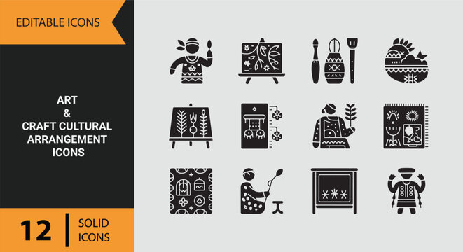 Art craft cultural heritage handmade creative arrangement tools traditional artistic setup icons collection