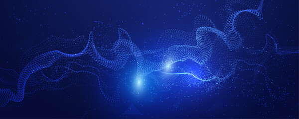 Abstract blue particle wave with glowing light bokeh effects on dark background. © Design_Hub