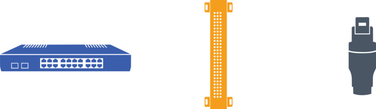 Network switch with multiple ports, server rack cable manager, and rj45 connector illustration and equipment, digital and management and ethernet