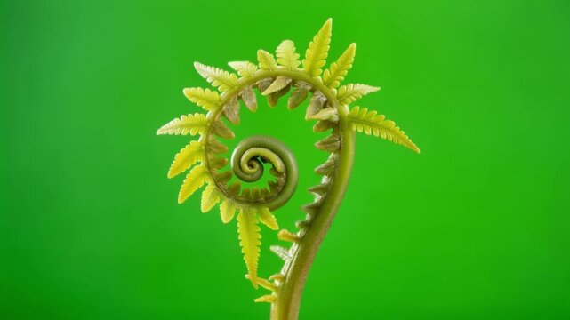 Green leaves growing and unfurling fern fiddlehead on green backdrop