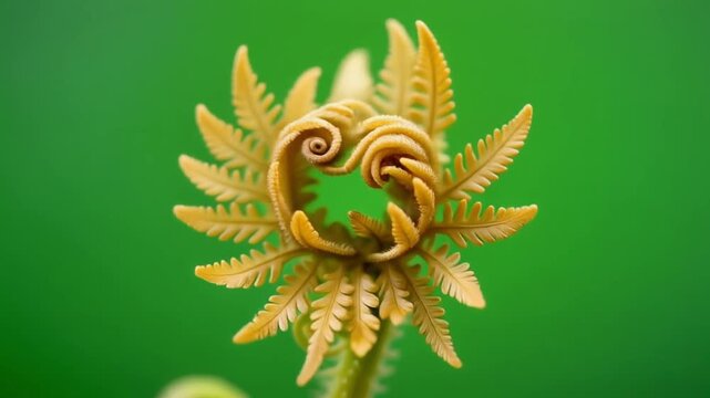 Green leaves growing on a young fern fiddlehead in macro detail