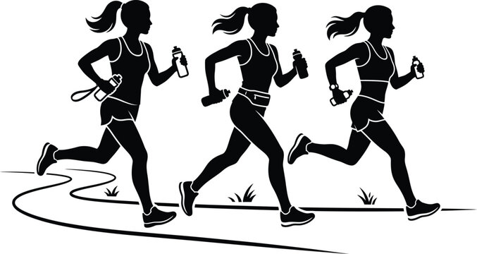 Black silhouette of three young women running on road with water bottles isolated on white background in fitness style