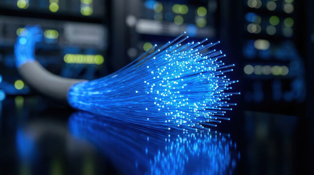 Fiber optic cable bundle blue light in server room for fast internet network data transfer