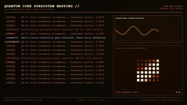 Quantum computing scifi orange hud interface dashboard screen.