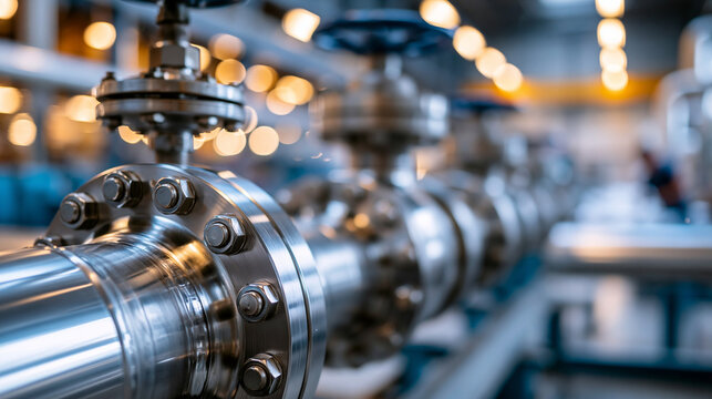Close-up of pipeline elements and bolted joints at an industrial plant under clean factory lighting with strong lines and organized engineering detail, capturing material logistics,