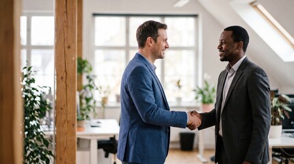 Fototapeta premium Deal between partners representing teamwork and collaboration in merging two companies for future success.