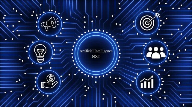 Artificial intelligence nxt technology concept video with network circuit board background and six business related icons around it.