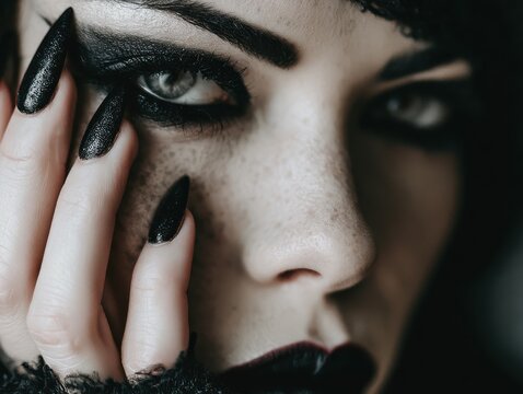 Close-up photograph of a woman with dramatic gothic makeup, including deep black lipstick and heavy black eyeliner, resting her hand with elaborate stiletto nails (one specific design) on her cheek
