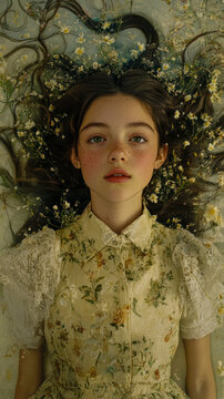 Serene Gaze of Young Girl with Freckled Cheeks and Emerald Eyes, Her Wavy Hair Sprawling Amongst Delicate Wildflowers in Ethereal, Dreamlike Setting