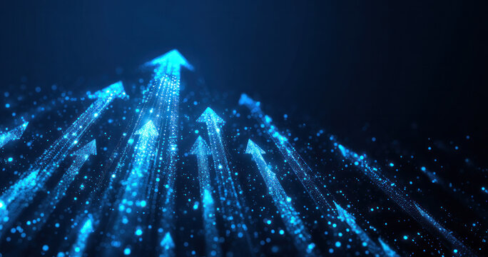 Glowing blue particle arrows moving upward, representing digital growth and technological progress in a dark backdrop.