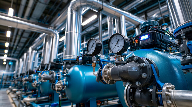 Industrial air compressor and filtration system with blue tanks and stainless steel pipes under clean factory lighting with strong lines and organized engineering detail, capturing material