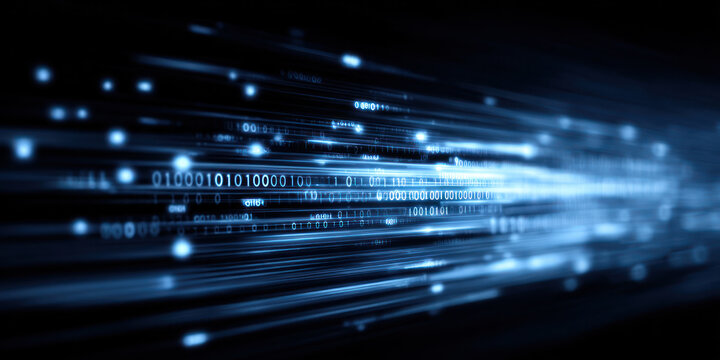 Glowing binary code and light streams represent high-speed digital data transmission in modern technology systems.
