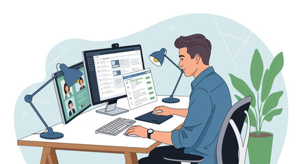 Fototapeta premium Man working remotely from home office with multiple computer screens and desk lamps