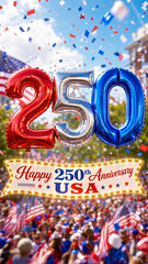 Festive celebration background featuring shiny metallic red, white, and blue balloons forming number 250 above glowing sign honoring 250th anniversary of USA with confetti